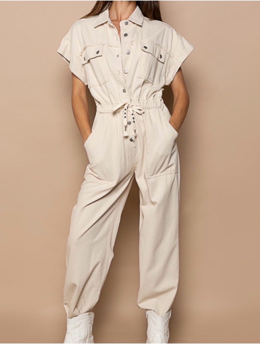 POL #511 Utility Drawstring Jumpsuit in Beige Short Sleeve Size Large